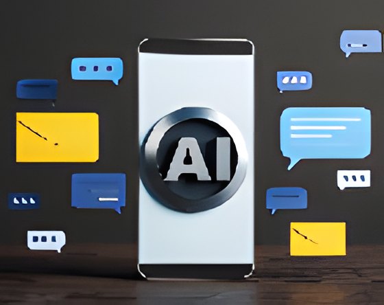 Celular com assistente de IA e balões de conversa